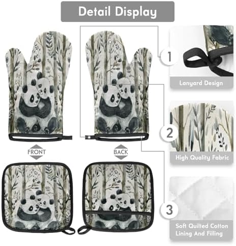 Cute Pandas Tree Oven Mitt Set 2 Piece
