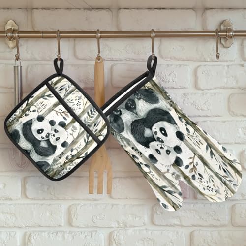 Cute Pandas Tree Oven Mitt Set 2 Piece