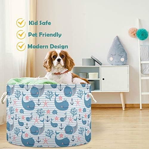 visesunny Whale Blue Stripe Collapsible Laundry Basket with Cotton Handles