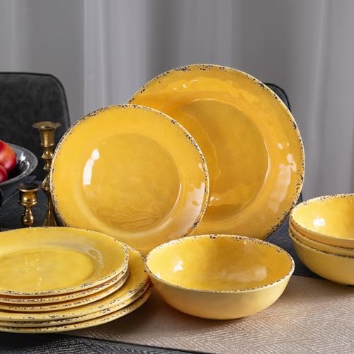 ZAROCRUS 12-Piece Rustic Melamine Dinnerware Set - Yellow