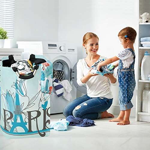 visesunny Paris Letters Blue Laundry Hamper with Handle