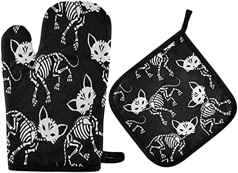 Eionryn Skeletons Cats Halloween Oven Mitts Potholders 2-Piece Set