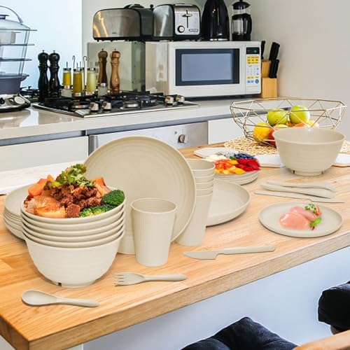 42 Pcs Wheat Straw Dinnerware Set - Unbreakable Reusable Beige