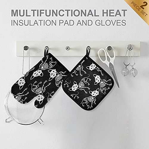 Eionryn Skeletons Cats Halloween Oven Mitts Potholders 2-Piece Set