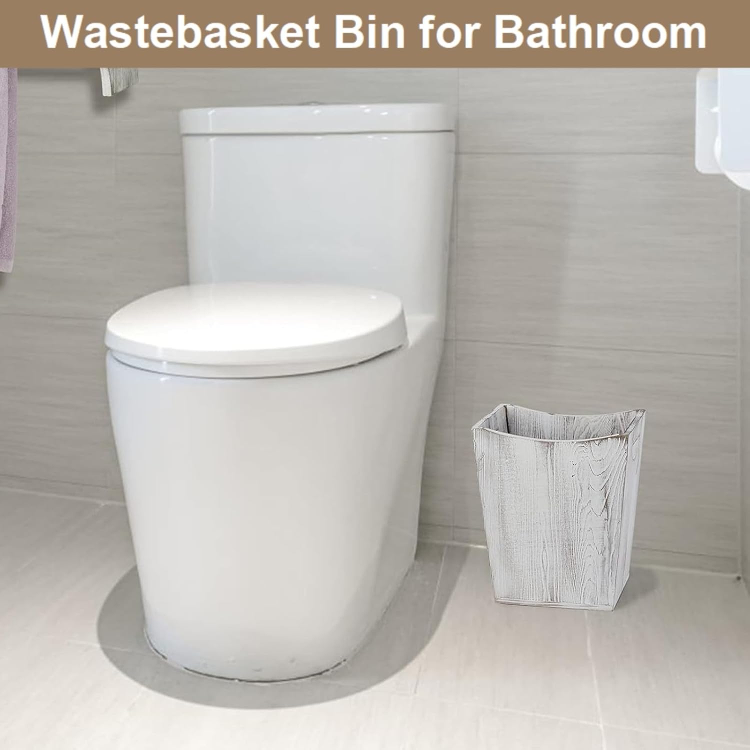 SEHERTIWY Wood Trash Can - Rustic White Wastebasket