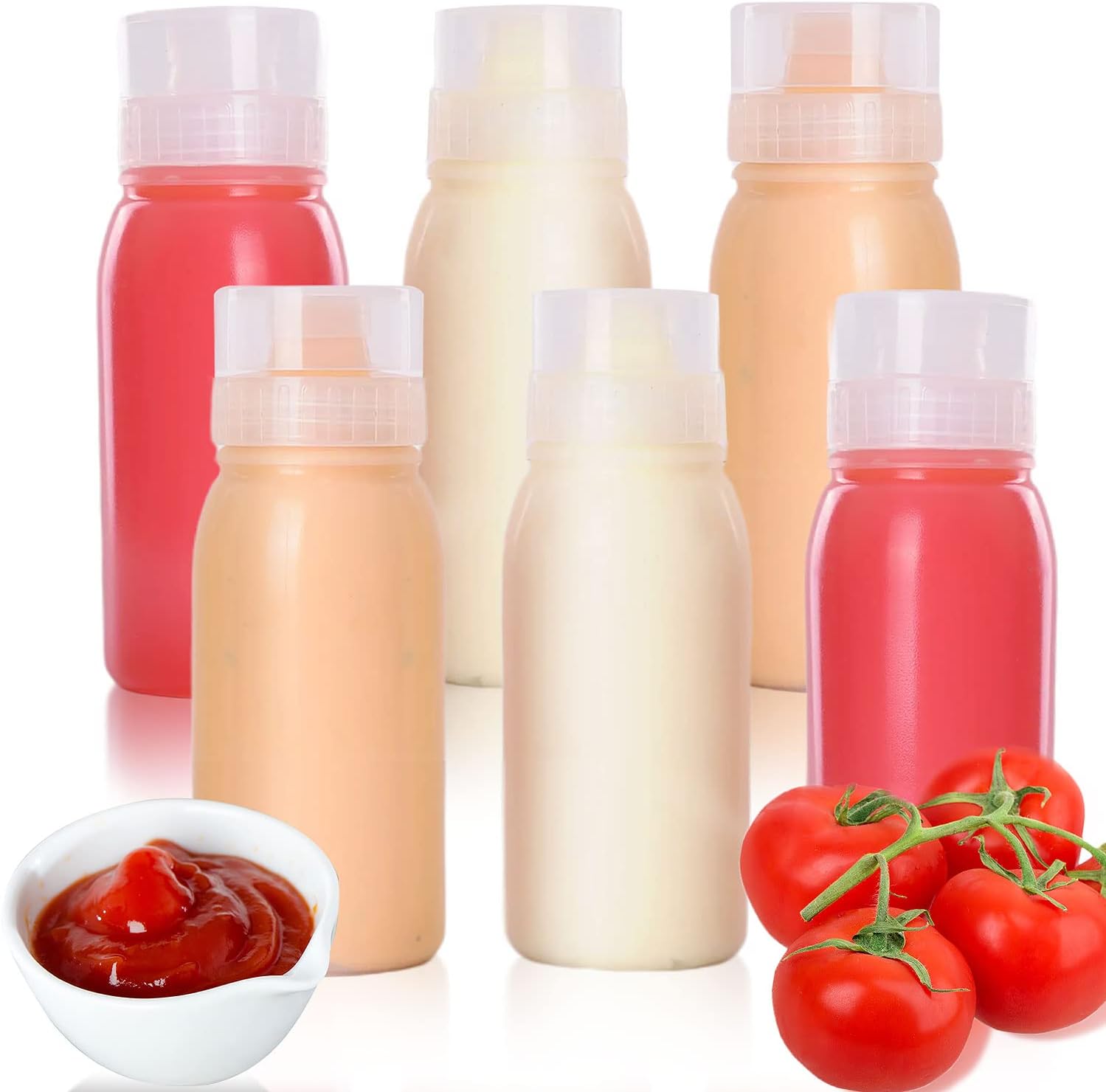 RAMFIYN 5-Nozzle Condiment Squeeze Bottles - 6pcs 10oz Set with Leakproof Lids