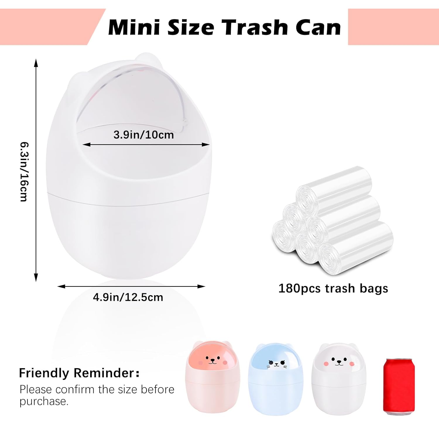 3 Pack Cute Desktop Trash Can with 180 Bags