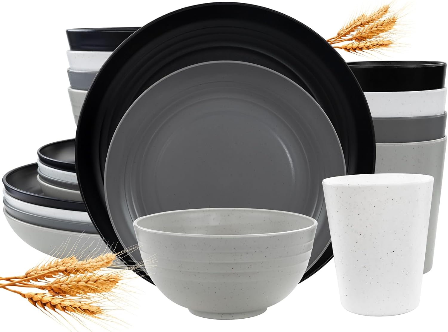LIYH 16pc Wheat Straw Dinnerware Set Reusable Plates Bowls Cups