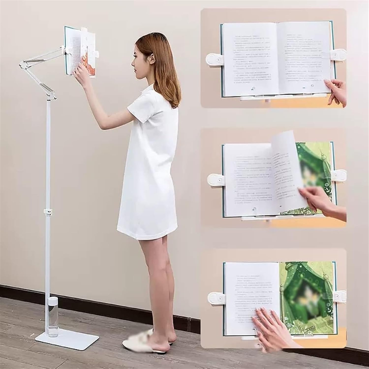 Adjustable Floor Stand Book Holder with Lamp - White