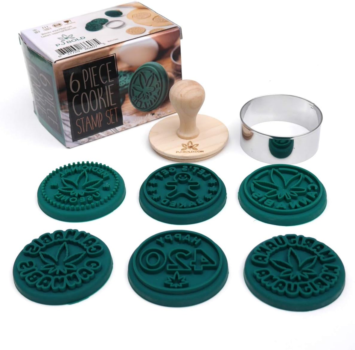 PJ Bold Marijuana Cookie Stamps Set with Stainless Steel Cutter and Wood Handle