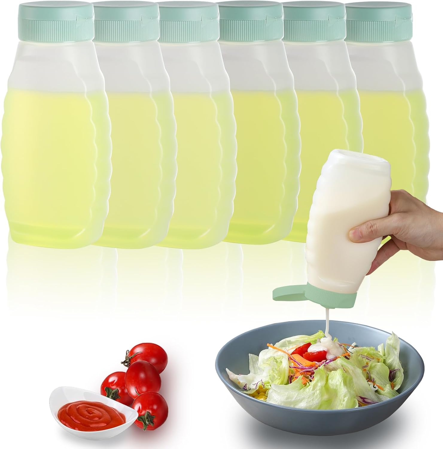 RAMFIYN 6-Pack Green Cap Condiment Squeeze Bottles 380ml