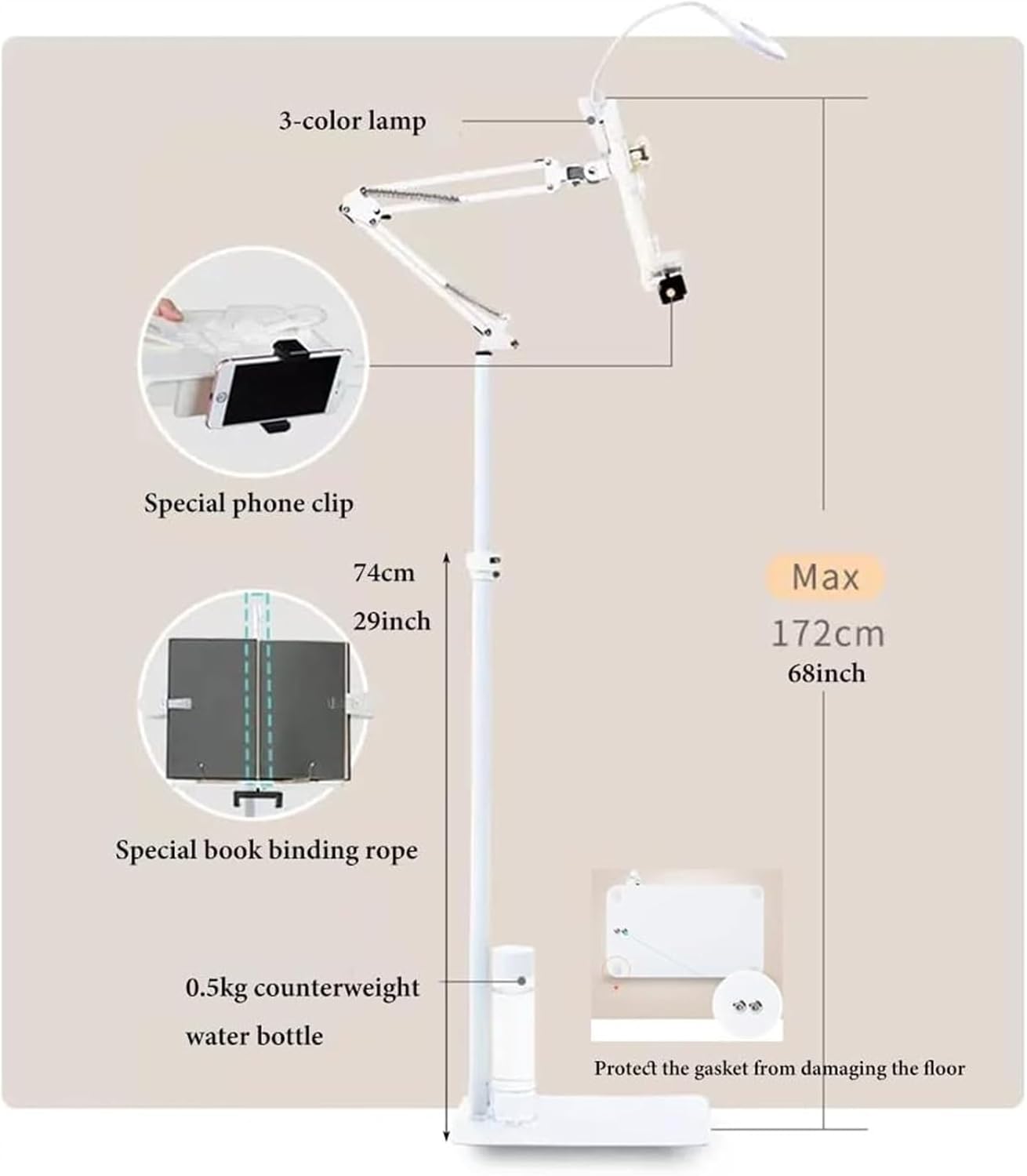 Adjustable Floor Stand Book Holder with Lamp - White