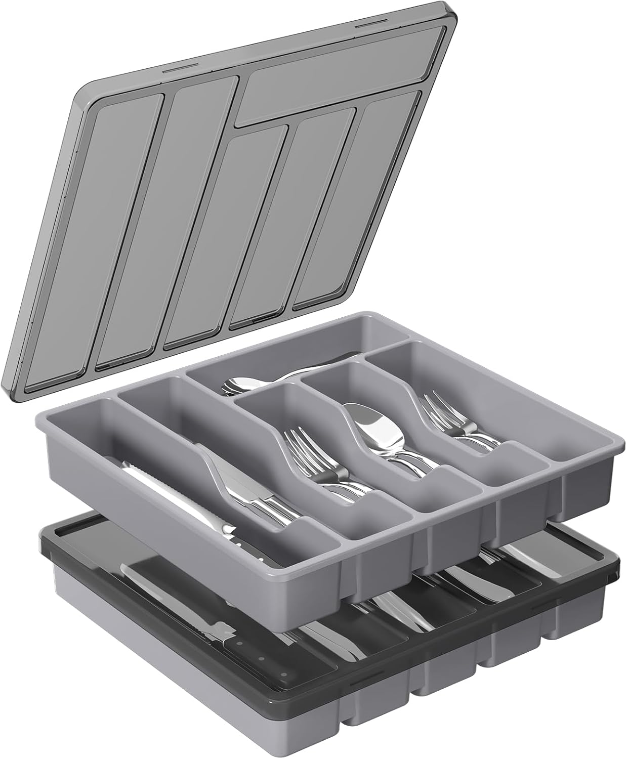 Lifewit 6 Compartment Silverware Organizer with Lid 2 Pack Gray