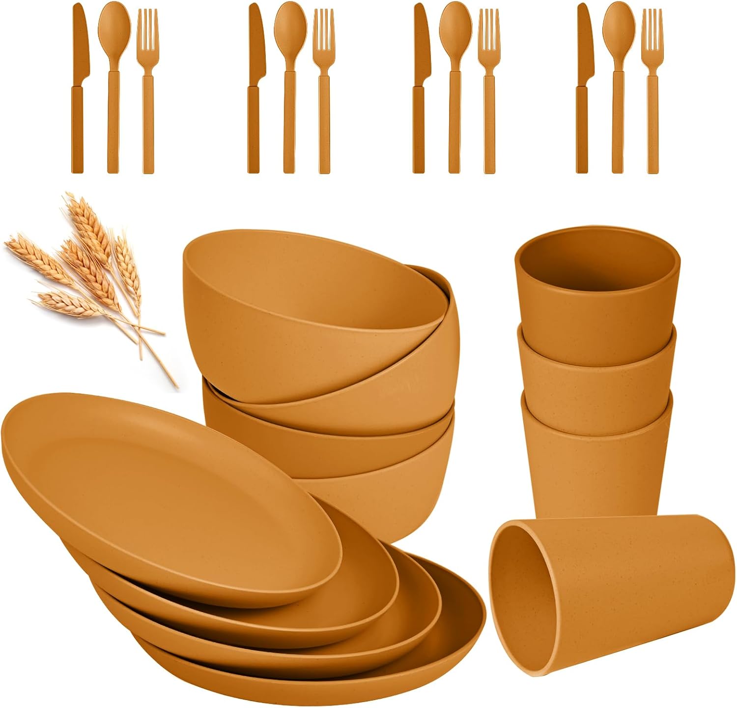24PCS Wheat Straw Dinnerware Set for 4 - Microwave Dishwasher Safe