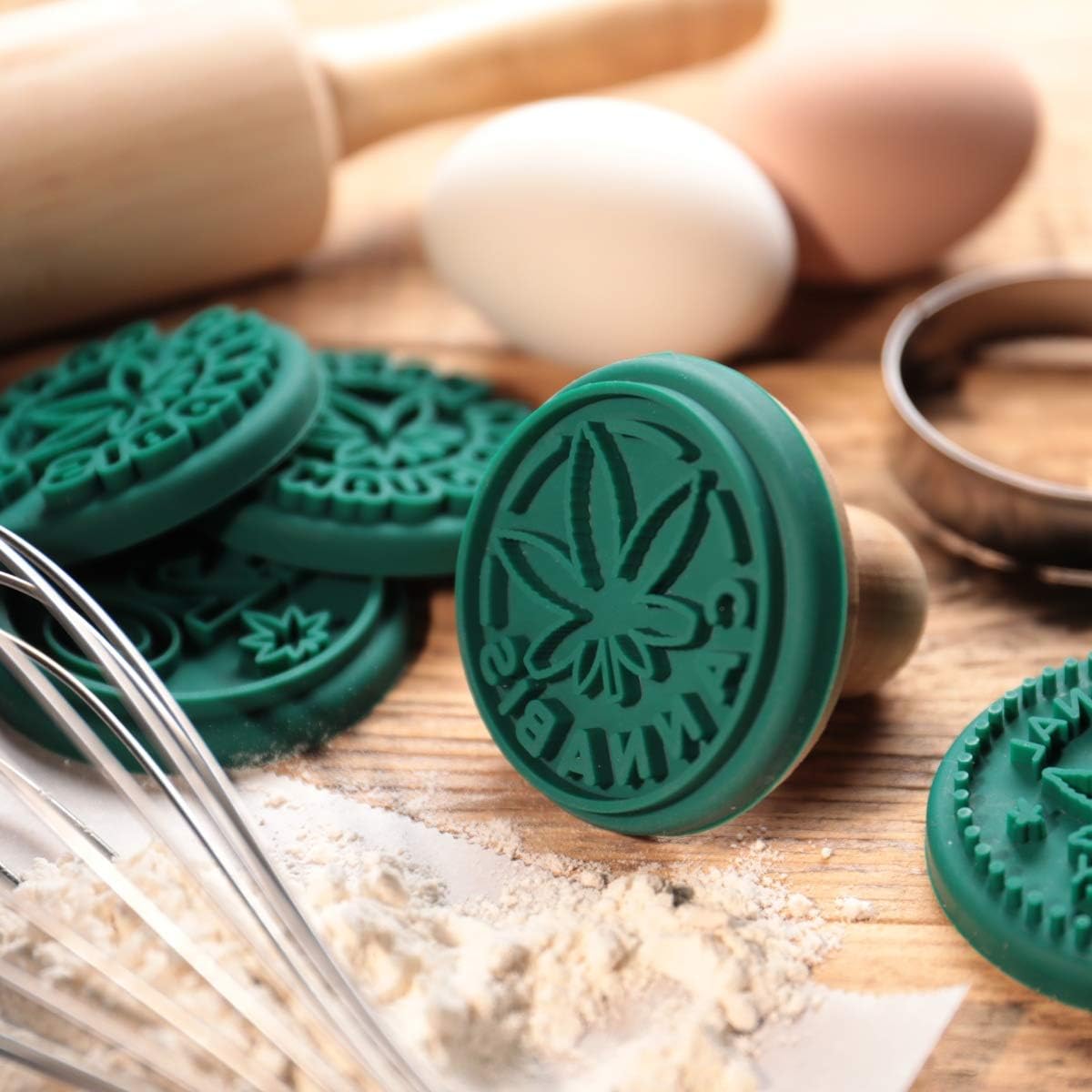 PJ Bold Marijuana Cookie Stamps Set with Stainless Steel Cutter and Wood Handle