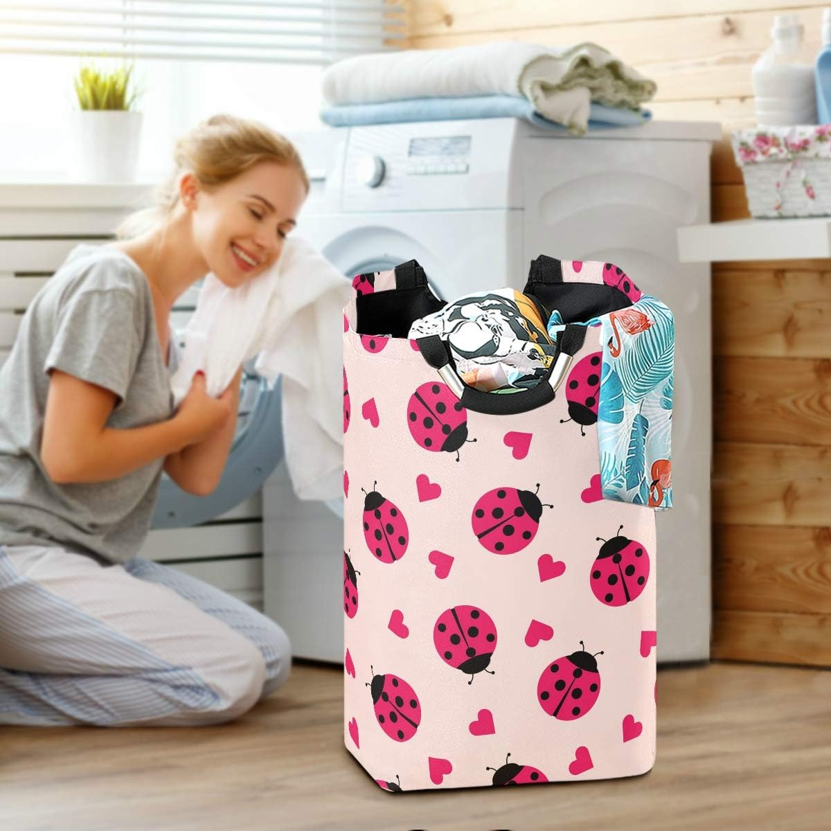 MOYYO Foldable Laundry Basket with Handles and Unique Ladybug Design 1