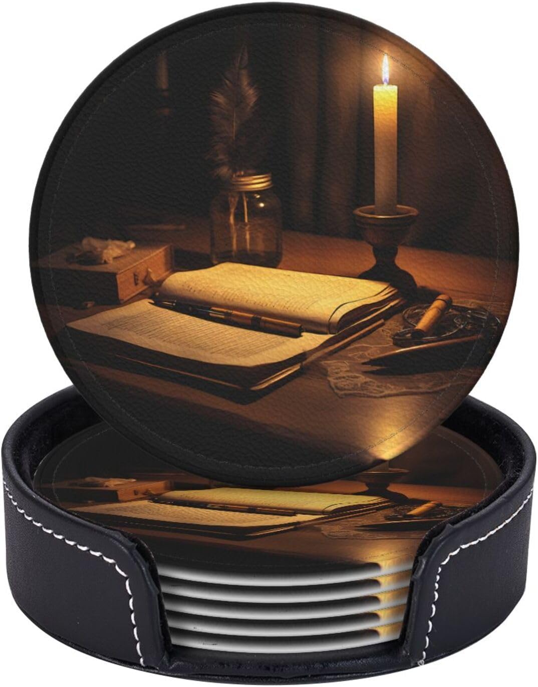 PHAYAH 6 Pack Leather Coasters With Storage Box