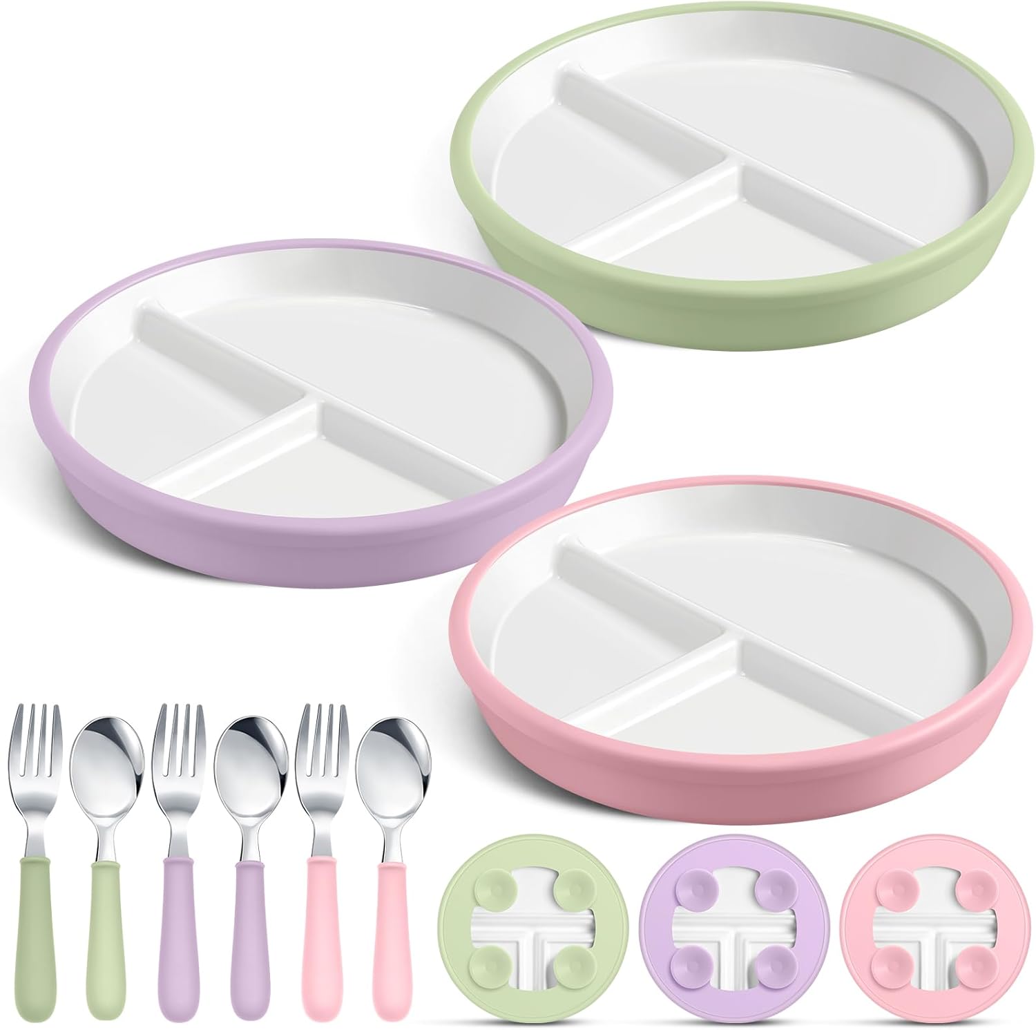 Teenyyou 3 Pack Toddler Plates with Cutlery Set