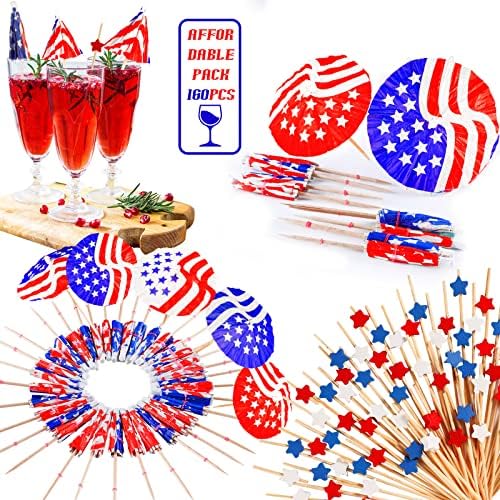 160 Pieces 4th of July Cocktail Picks with US Flag Paper Umbrellas 1