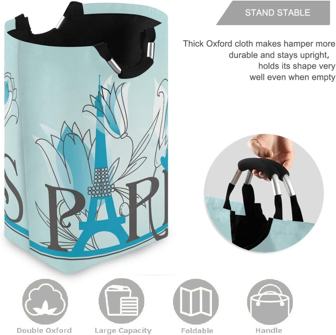 visesunny Paris Letters Blue Laundry Hamper with Handle