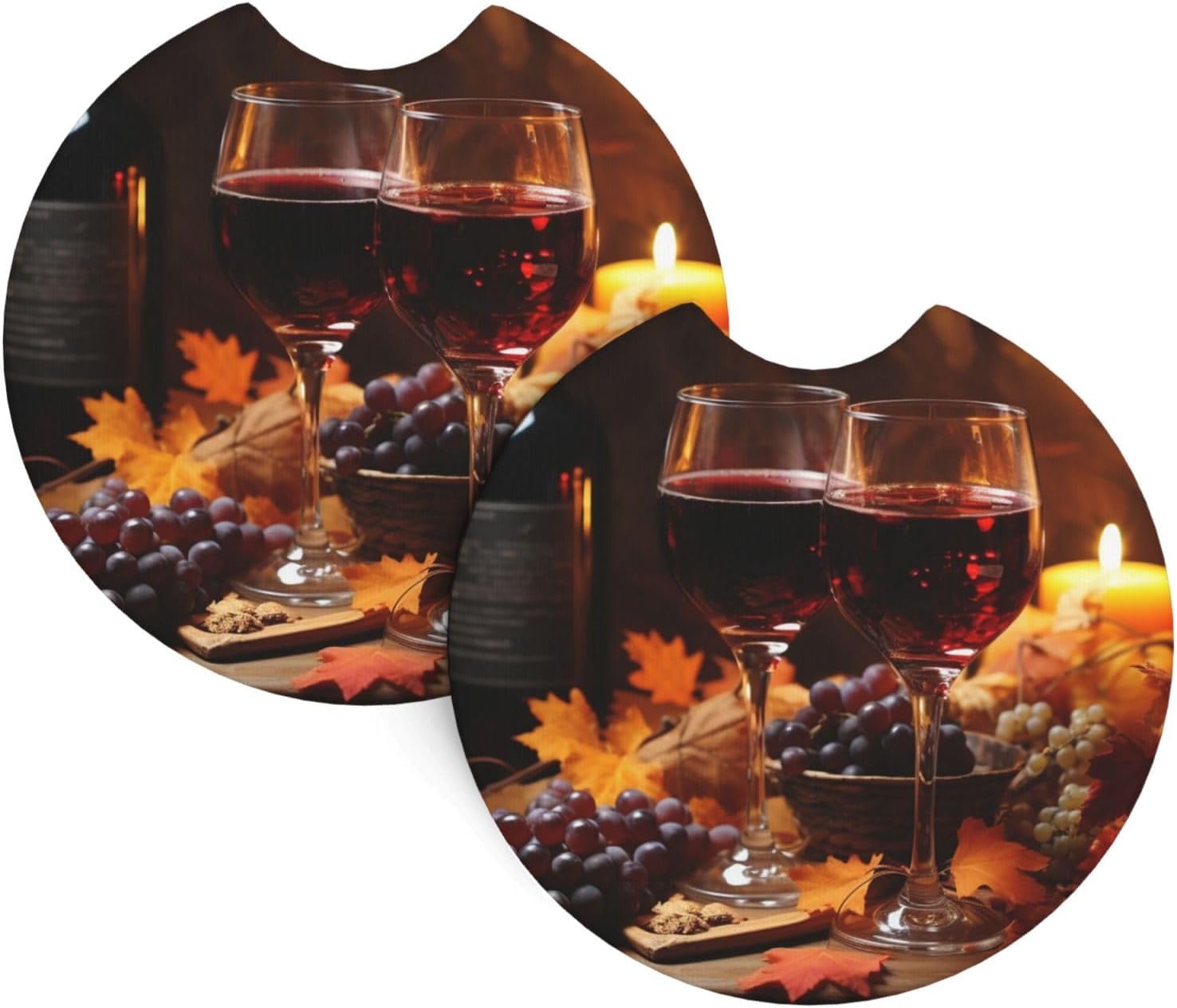 Red Wine and Candles Print Car Coasters 2 Pack Anti-Slip