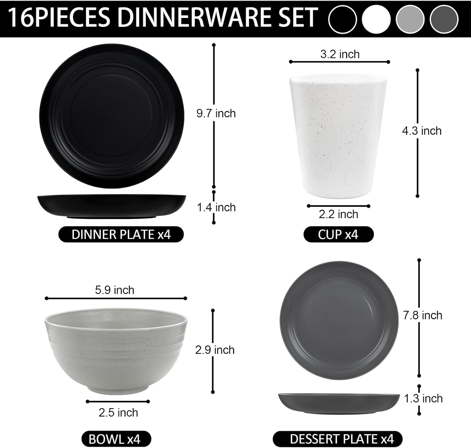 LIYH 16pc Wheat Straw Dinnerware Set Reusable Plates Bowls Cups