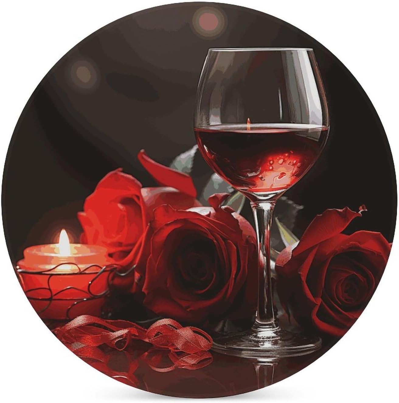 Red Rose Wine Glass and Candle Printed Ceramic Coasters Set of 4