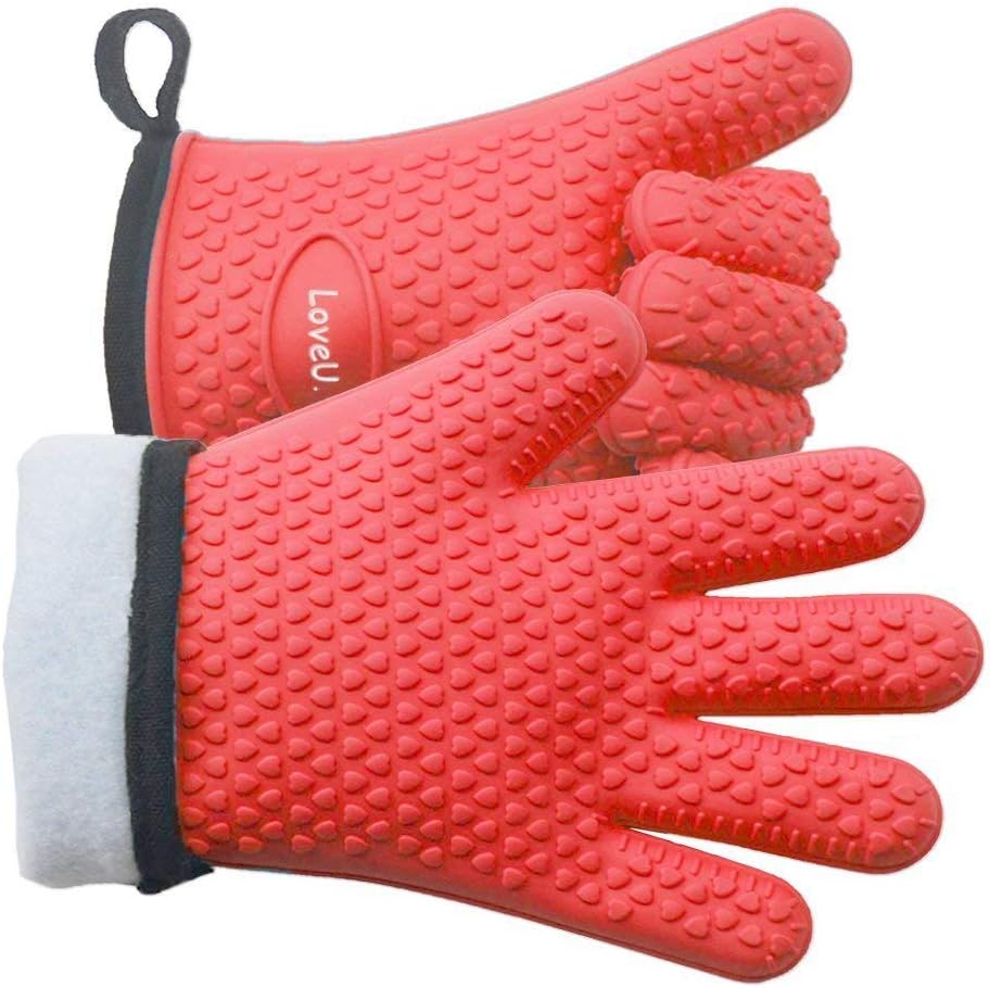 Loveuing Kitchen Oven Gloves - Heat Resistant Waterproof Non-Slip 5 Fingers