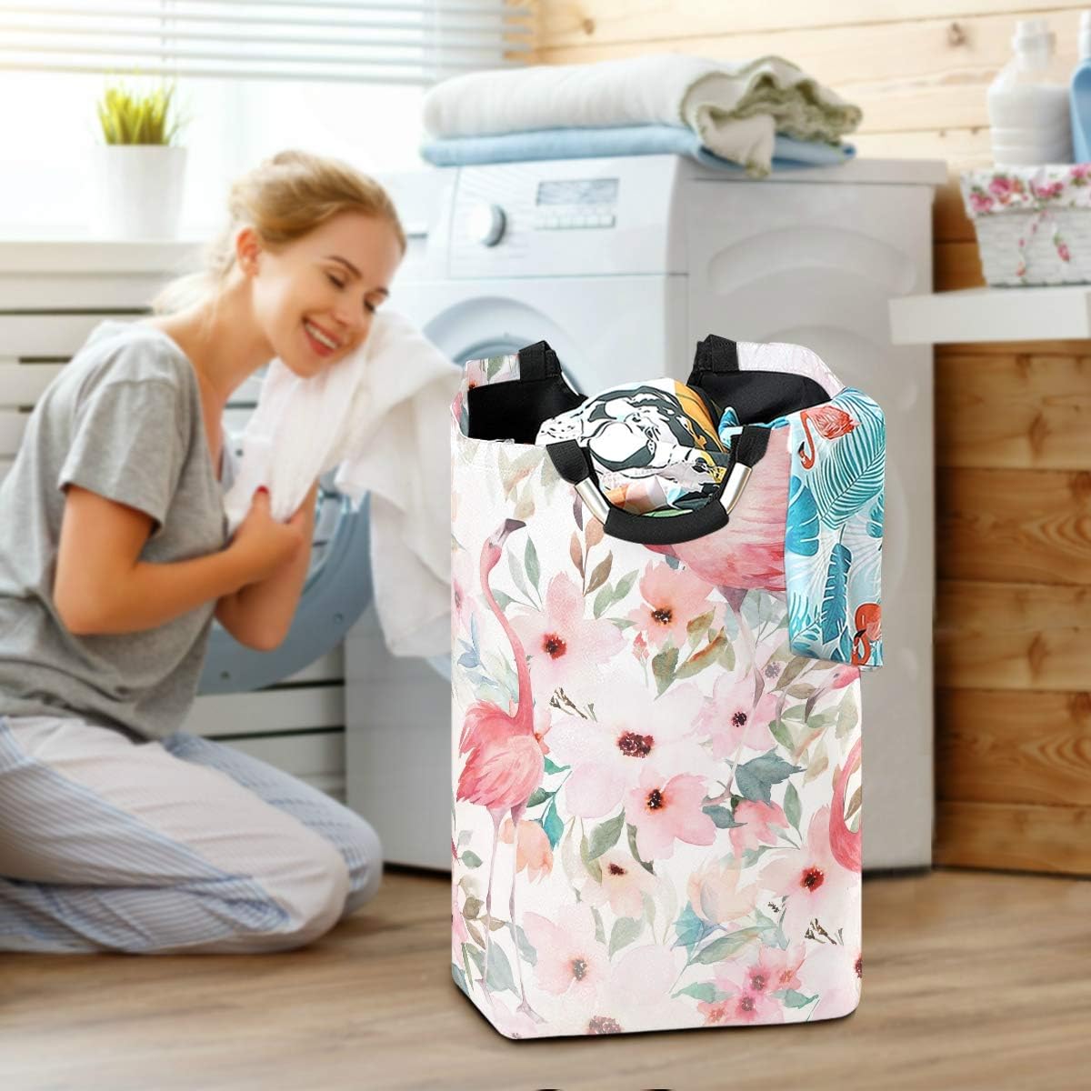 Susiyo Foldable Laundry Hamper with Handles and Floral Flamingo Design