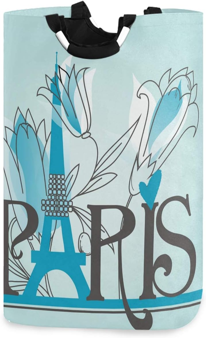 visesunny Paris Letters Blue Laundry Hamper with Handle