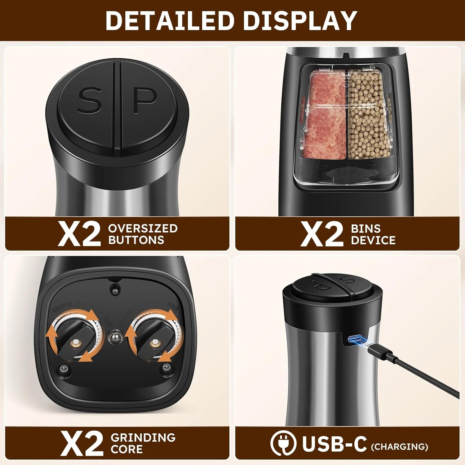USB Rechargeable 2 in 1 Salt Pepper Grinder Set
