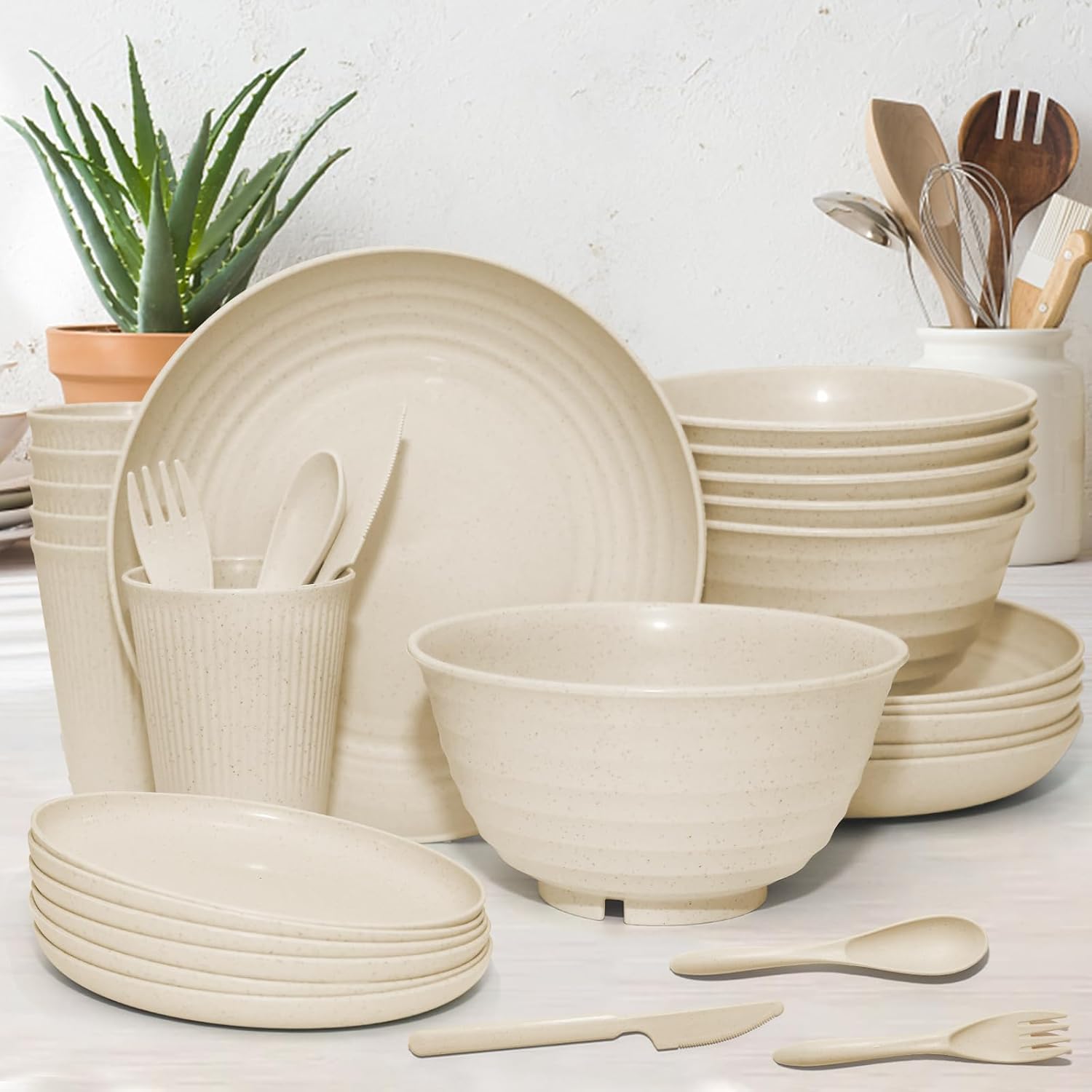 42 Pcs Wheat Straw Dinnerware Set - Unbreakable Reusable Beige