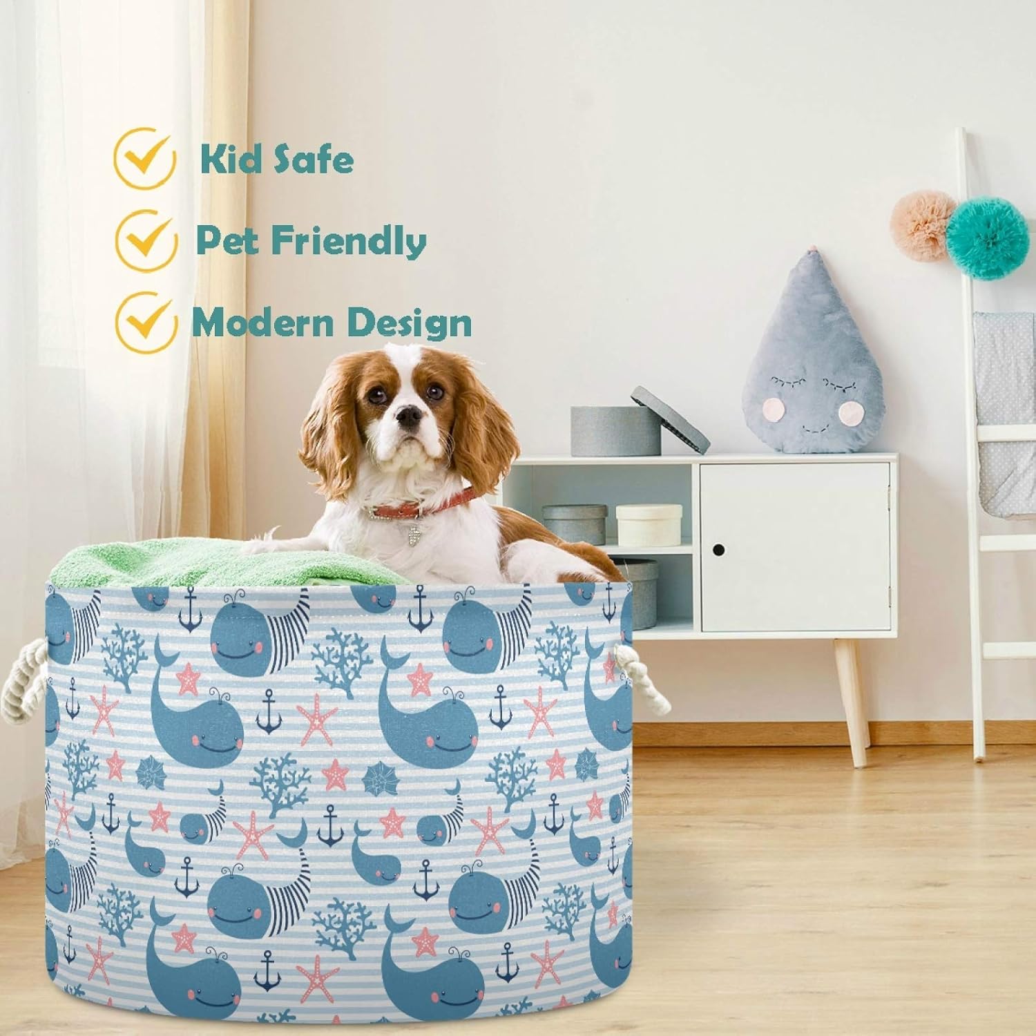 visesunny Whale Blue Stripe Collapsible Laundry Basket with Cotton Handles