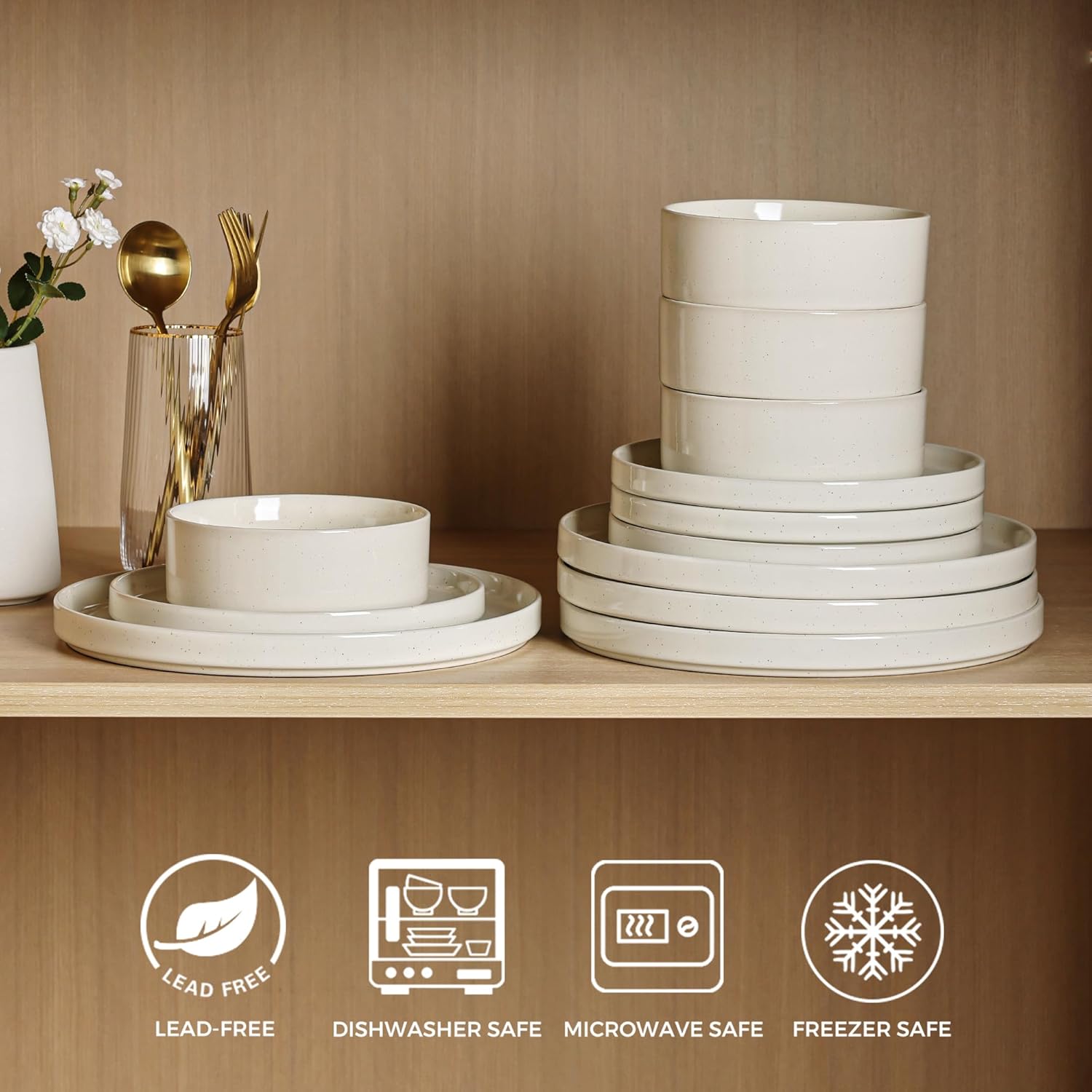GBHOME Dinnerware Set for 4 12 Piece Speckled Plates and Bowls Set