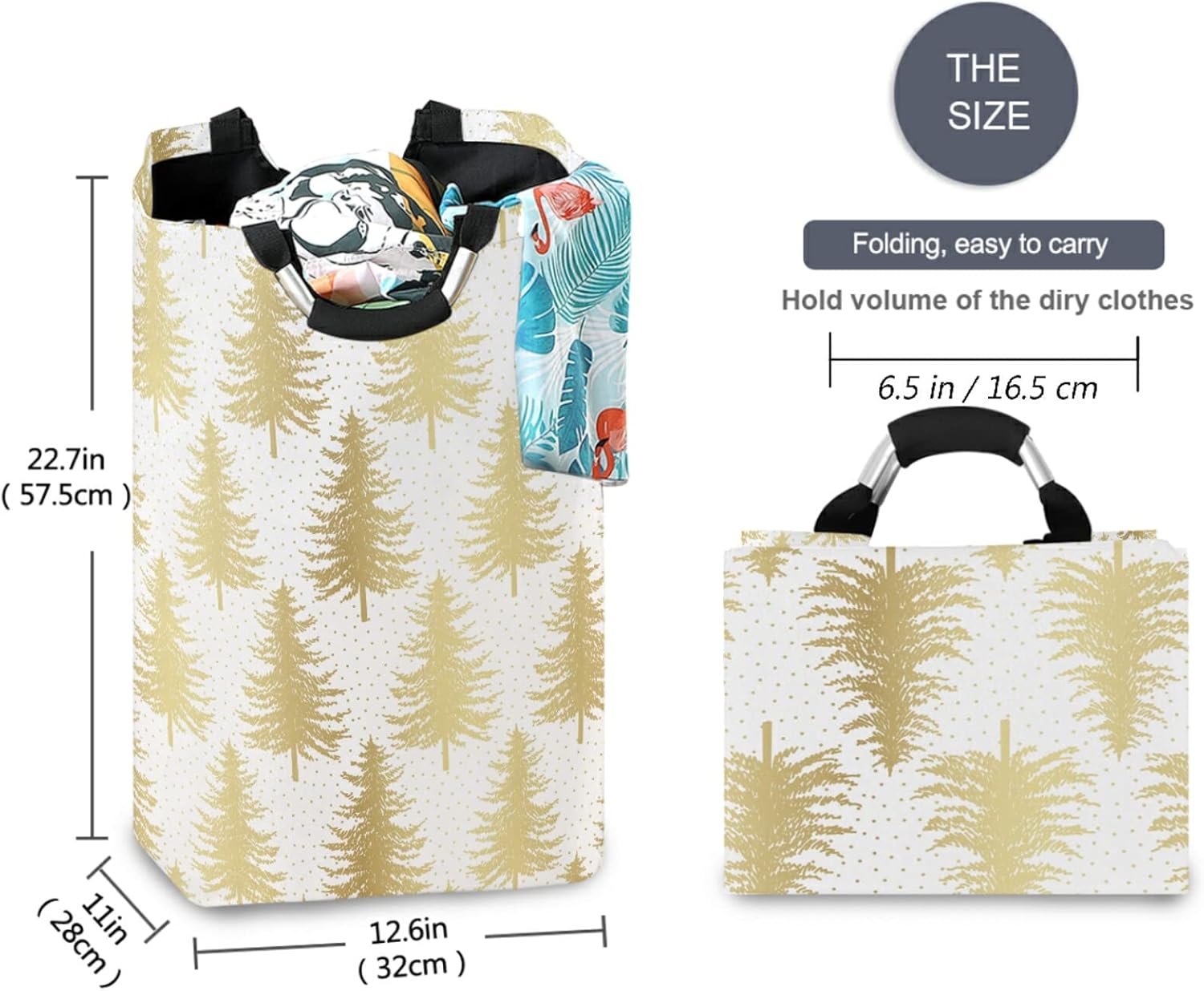 Large Capacity Laundry Hamper with Golden Christmas Tree Pattern