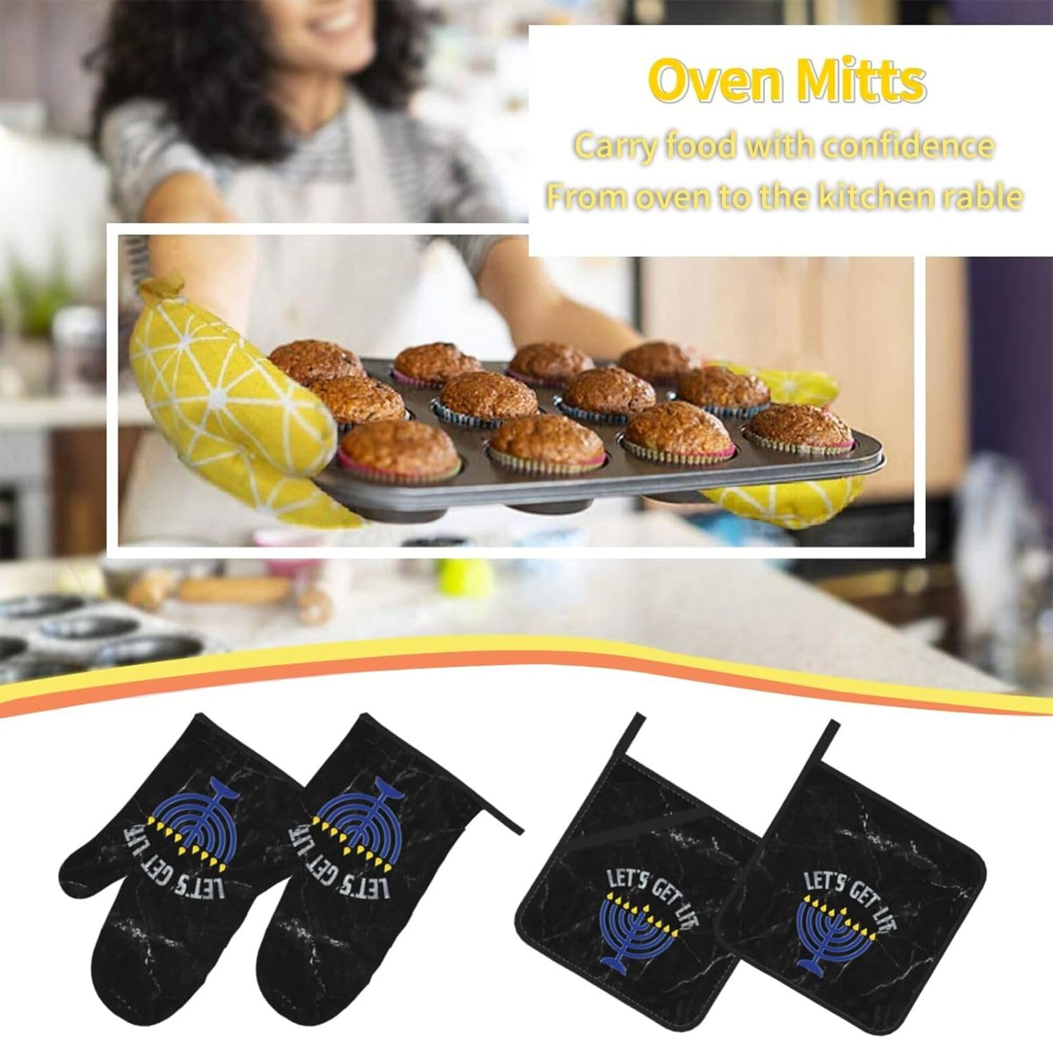 Happy Hanukkah Oven Mitts and Pot Holders Set 4 PCS