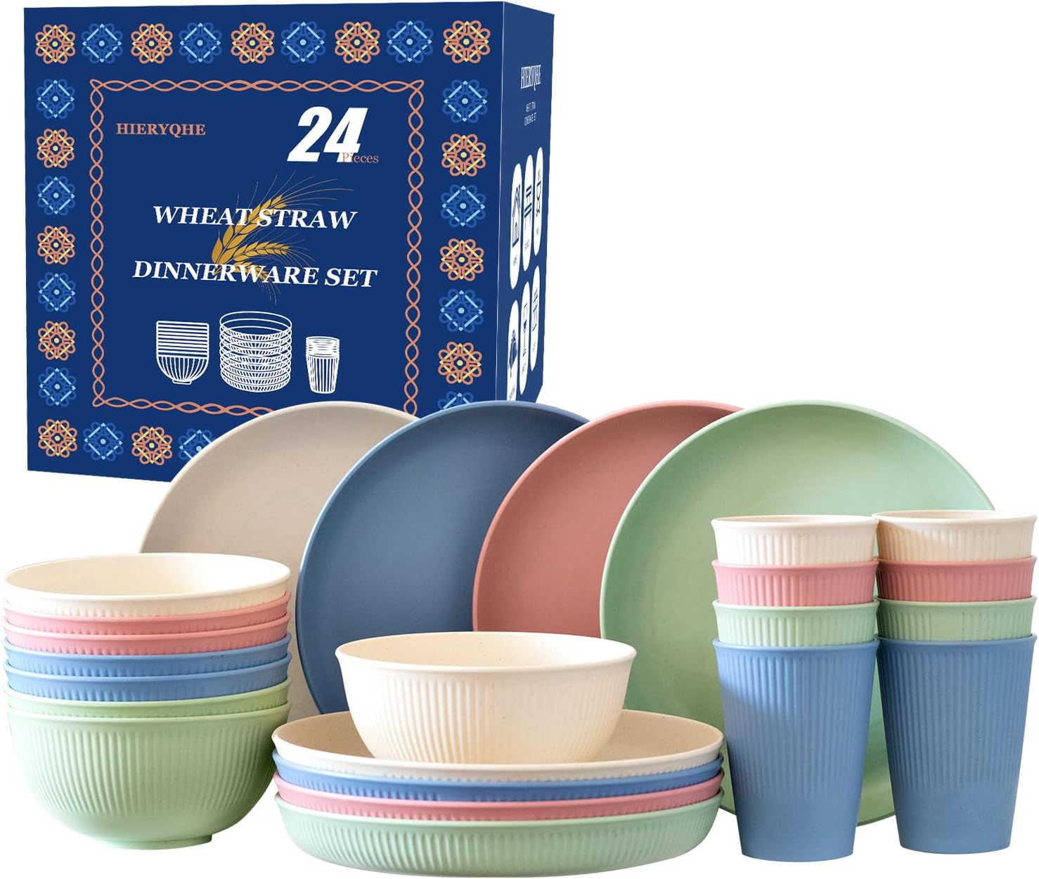 24pcs Wheat Straw Dinnerware Set for Outdoor and Kitchen Use