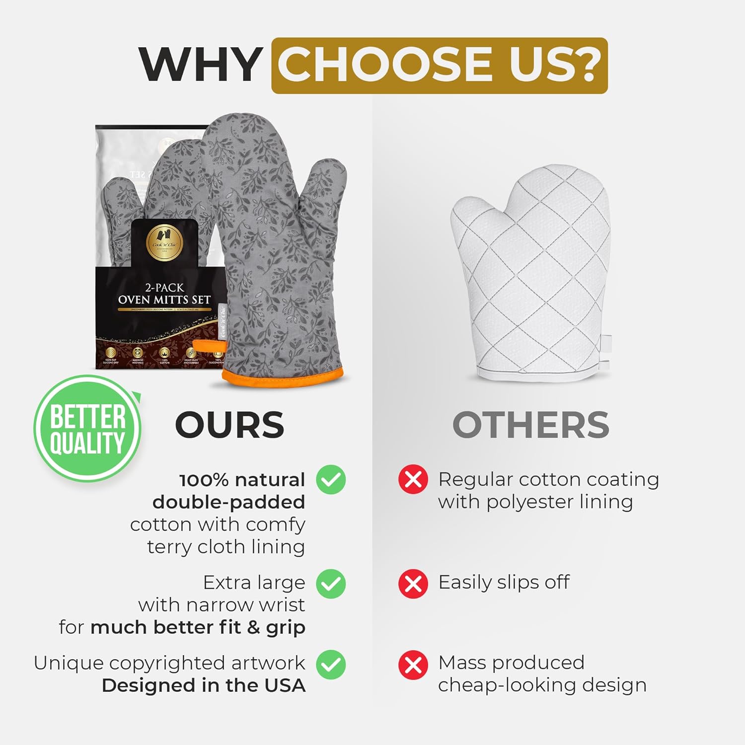 Premium Heat-Resistant Oven Mitts Set of 2 by CooknChic