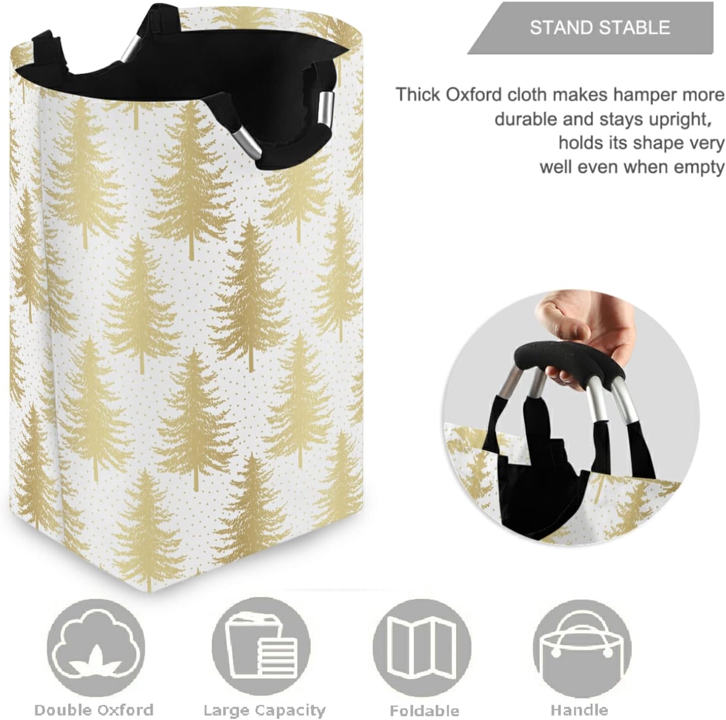 Large Capacity Laundry Hamper with Golden Christmas Tree Pattern