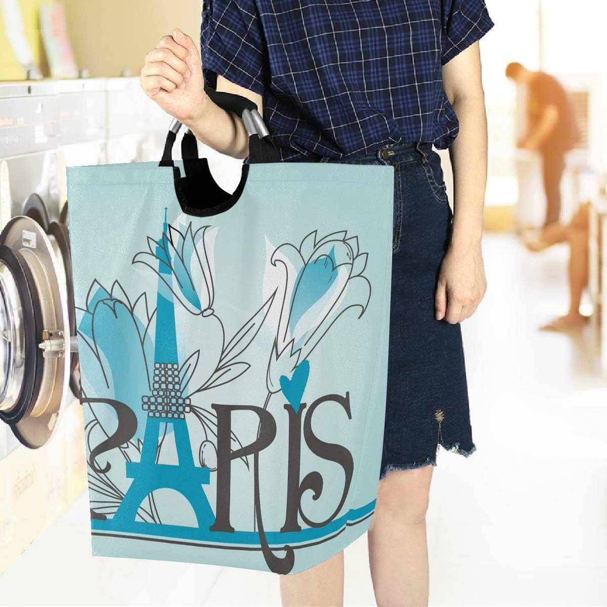 visesunny Paris Letters Blue Laundry Hamper with Handle