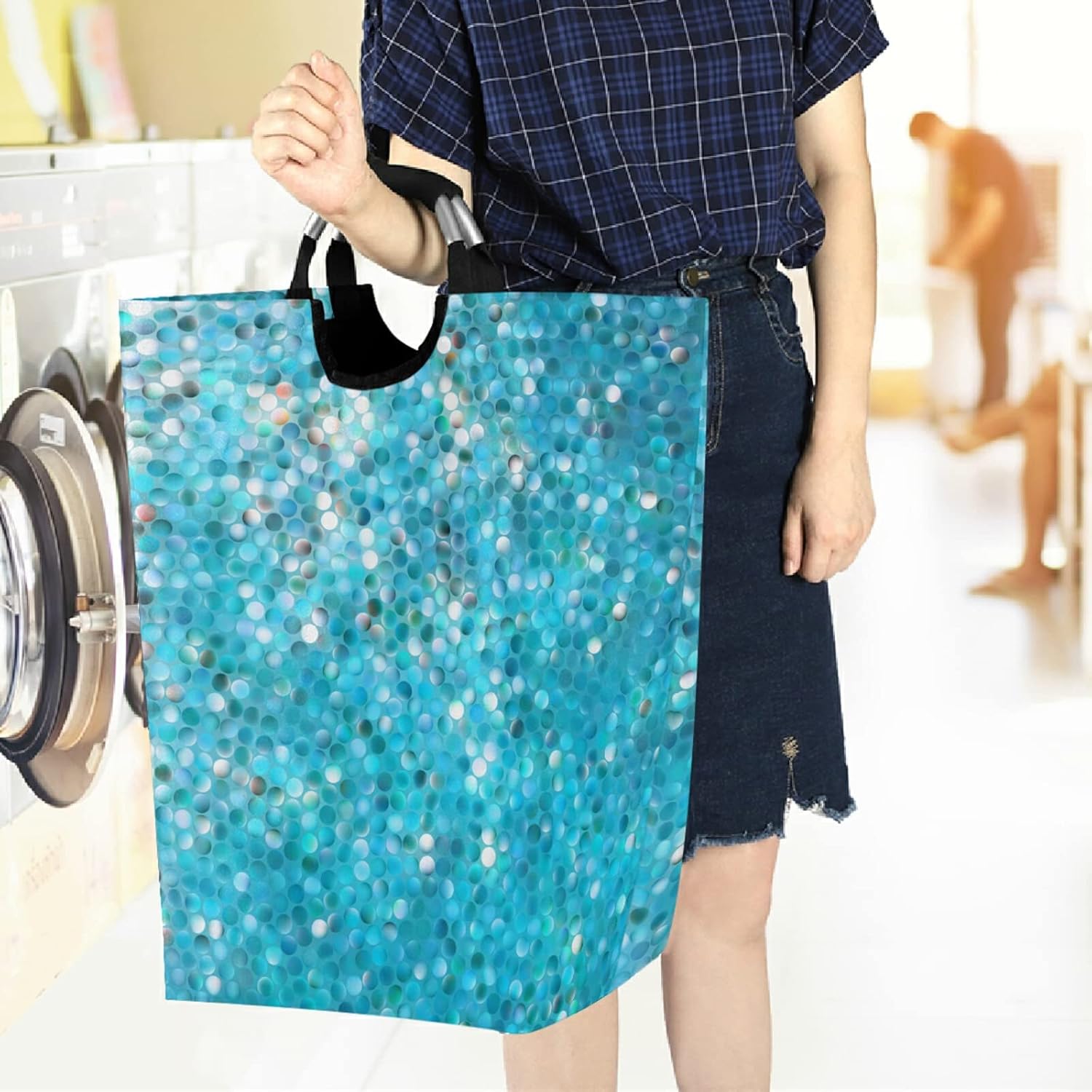 visesunny Large Laundry Hamper with Blue Mosaic Design