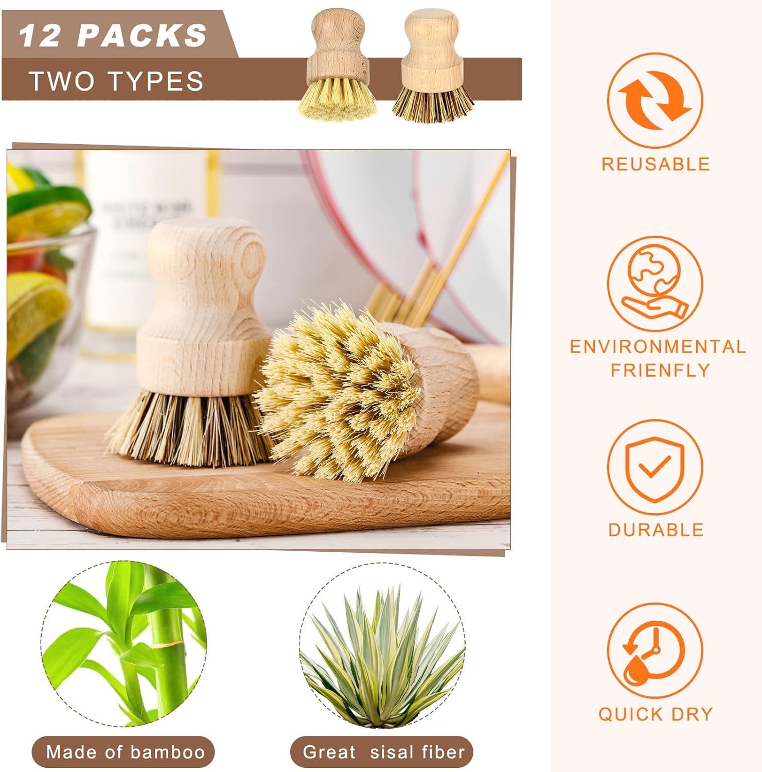12 Pcs Bamboo Dish Brush Set Sisal Bristle Kitchen Cleaning Tool
