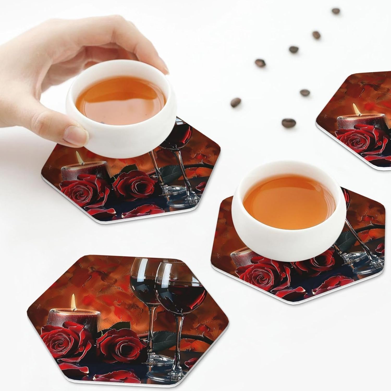 Red Wine Rose and Candle Hexagon Coasters 6PCS