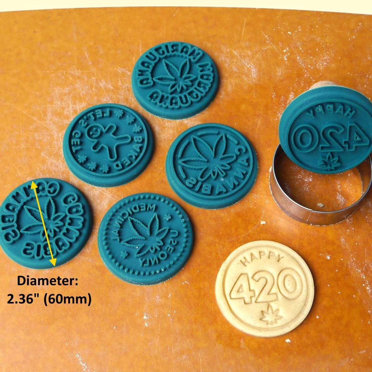 PJ Bold Marijuana Cookie Stamps Set with Stainless Steel Cutter and Wood Handle