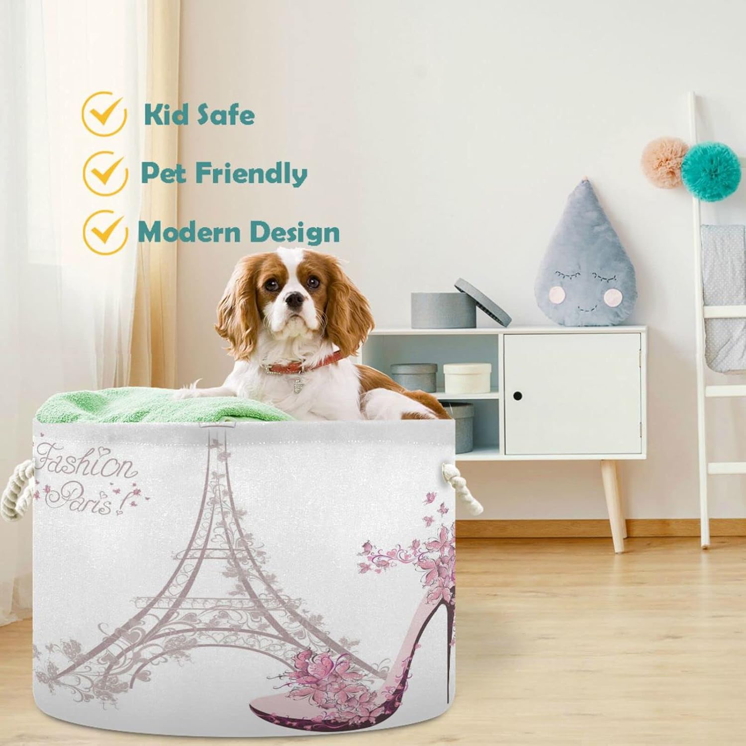 visesunny Eiffel Tower Laundry Basket with Cotton Handles