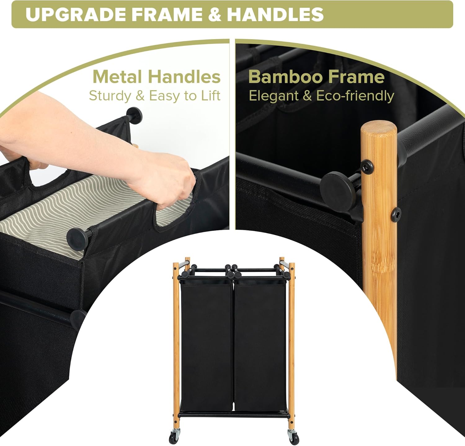 Bamboo Laundry Sorter Hamper with 2 Sections and Wheels 1
