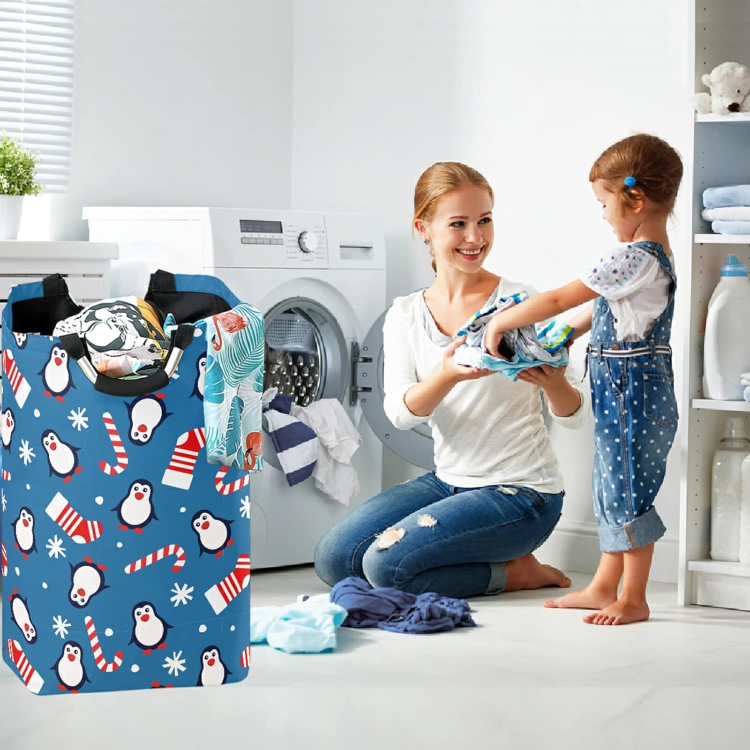 visesunny Foldable Laundry Hamper with Penguin Christmas Design