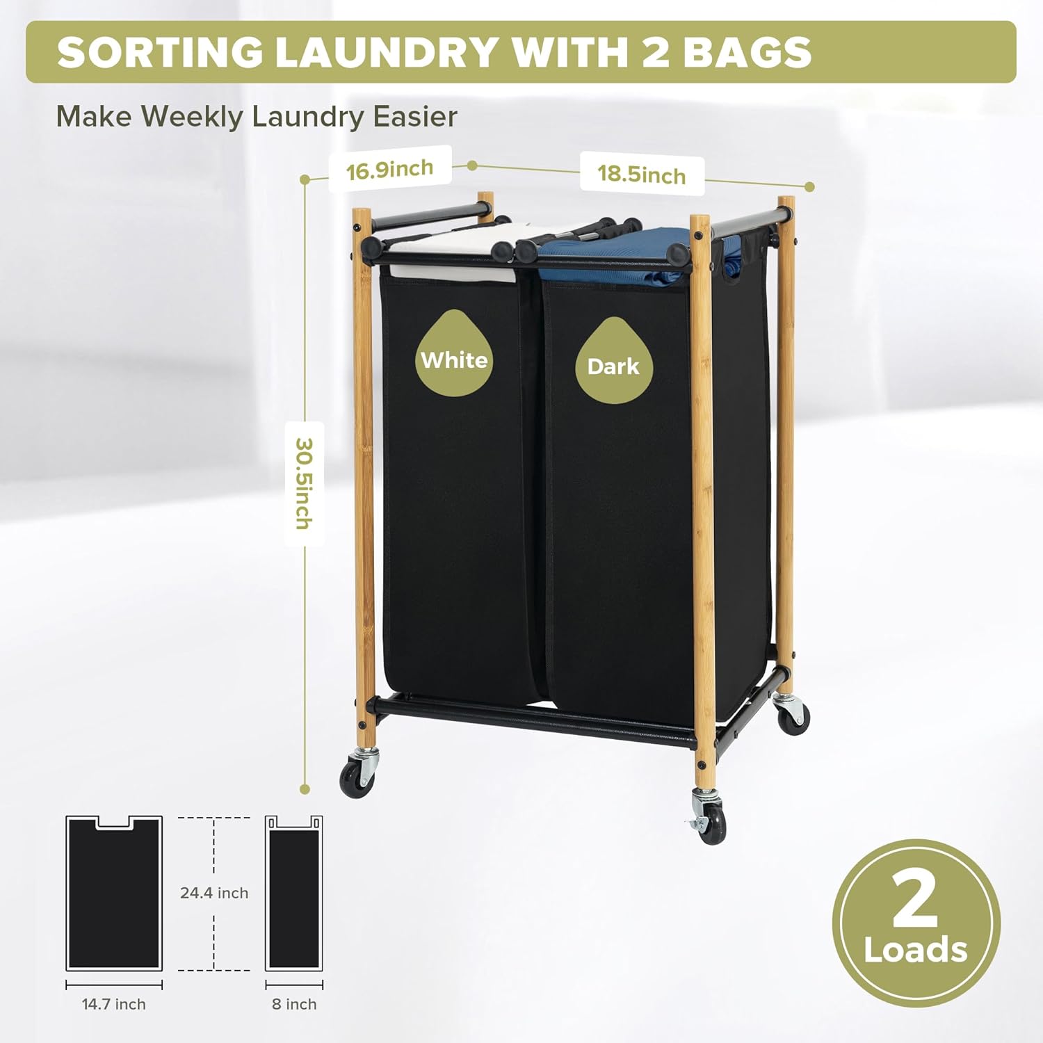 Bamboo Laundry Sorter Hamper with 2 Sections and Wheels 1