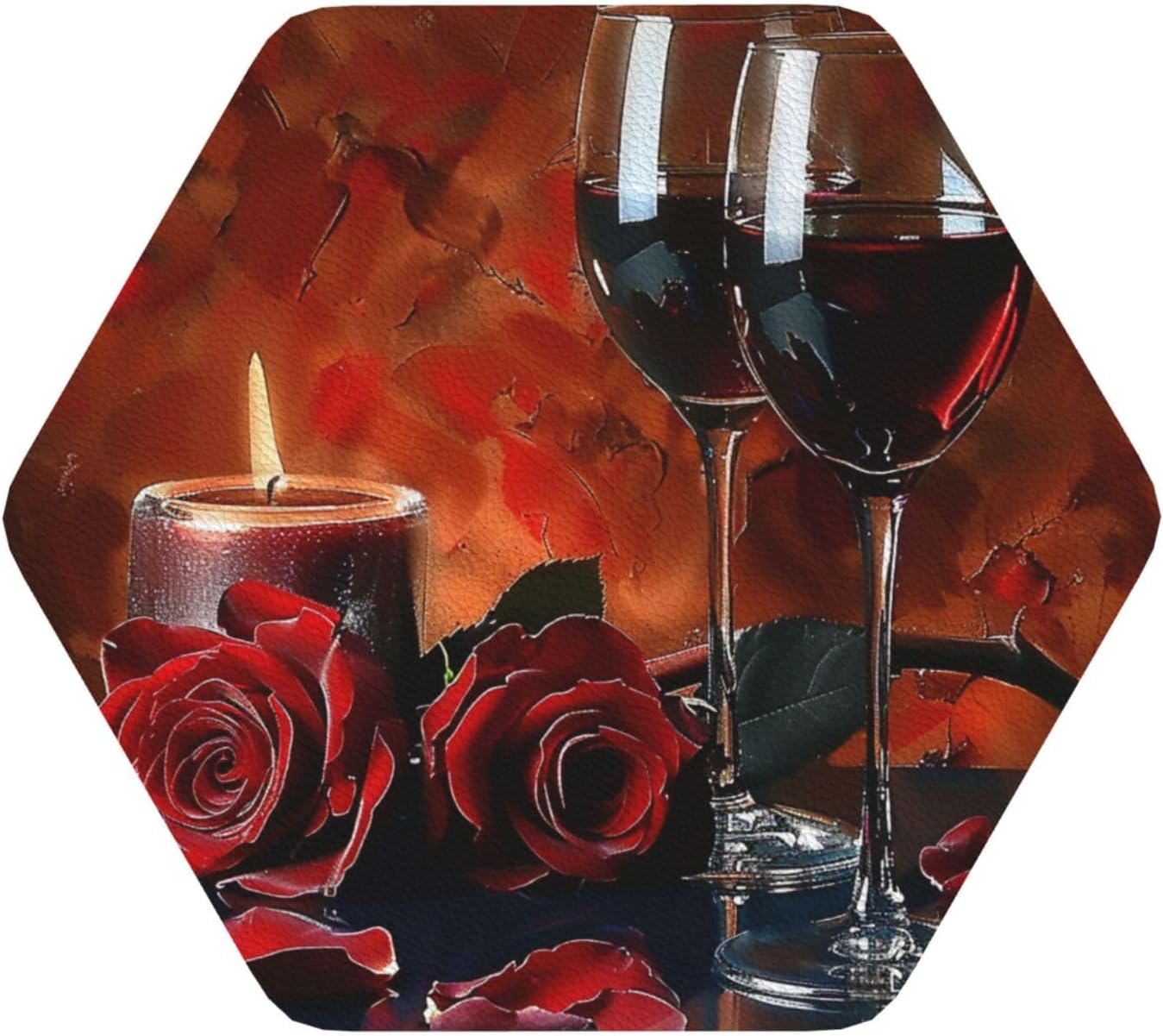 Red Wine Rose and Candle Hexagon Coasters 6PCS