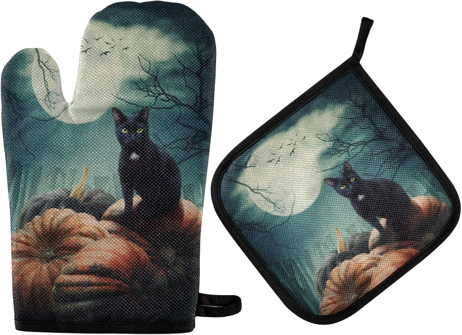 QUGRL Halloween Black Cat Heat Resistant Oven Mitts Set